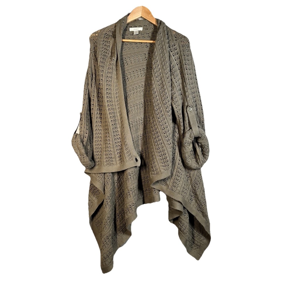 CJ Banks Cardigan Womens Plus Size 1x Green Open Front Knit Roll Tab Sleeves